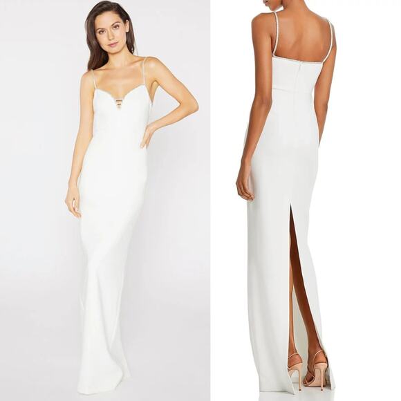 NEW Likely Britta Gown White Silver Straps Back Slit Regular Price $439.00 Sz 10